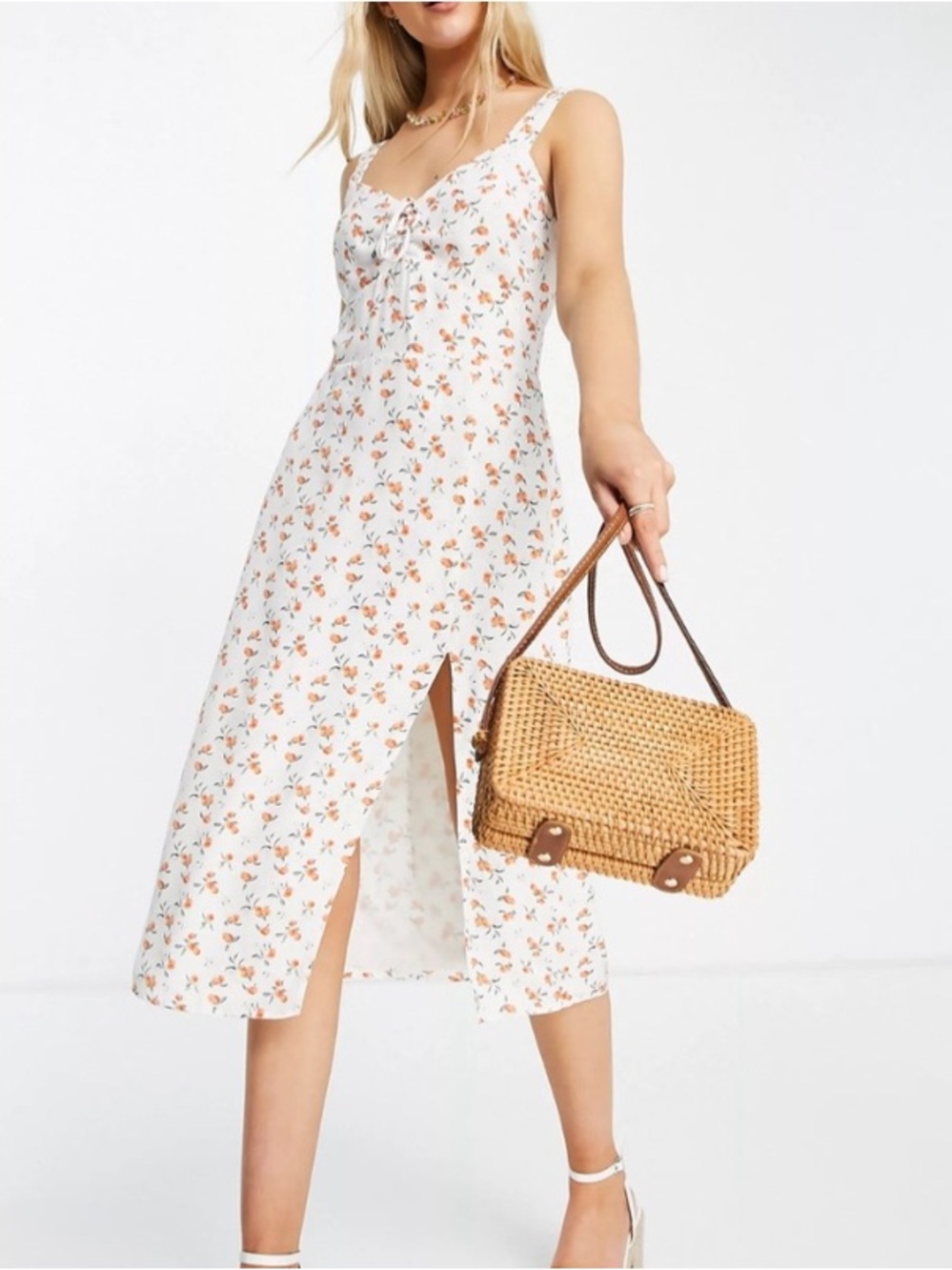 Abercrombie & Fitch White Floral Midi Dress with Orange Print